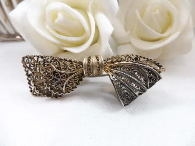 Vintage Art Deco 800 Silver Filigree Layered Gilt Washed Bow Brooch Handcrafted