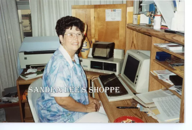 1990s Found Color Photo Woman Working At Desk Old Computer and Printer #316