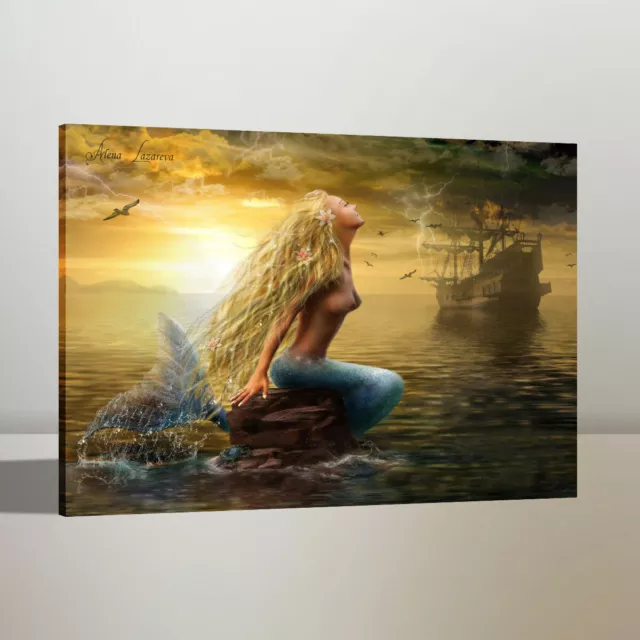 Print Art Oil Painting Mermaid and Pirate Ship Home Wall Decor on Canvas 16x20