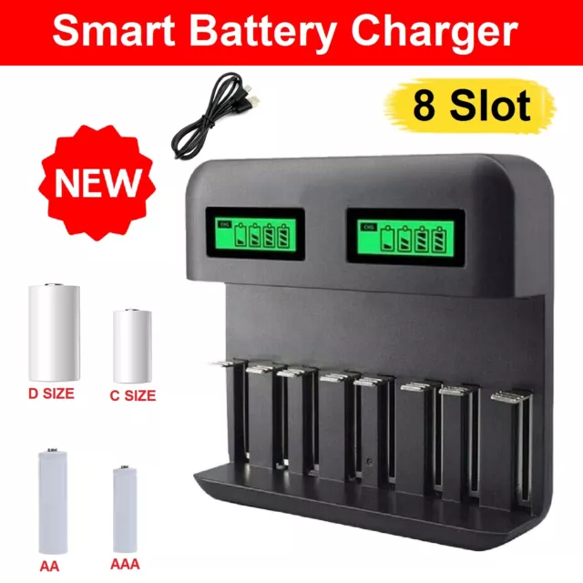 8 Slot Smart Battery Charger for AA/AAA/C/D Rechargeable Batteries LCD Display
