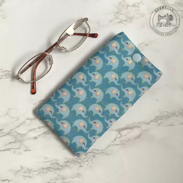 Handmade Glasses Case Soft Padded Spectacle Pouch Cute Blue Elephants Fabric