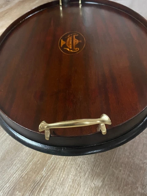 Early 20th Century Mahogany Oval Inlaid Serving Tray with Brass Handles