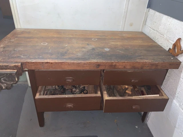 ANTIQUE CHRISTIANSEN CARPENTERS WORK BENCH restoration project with some tools