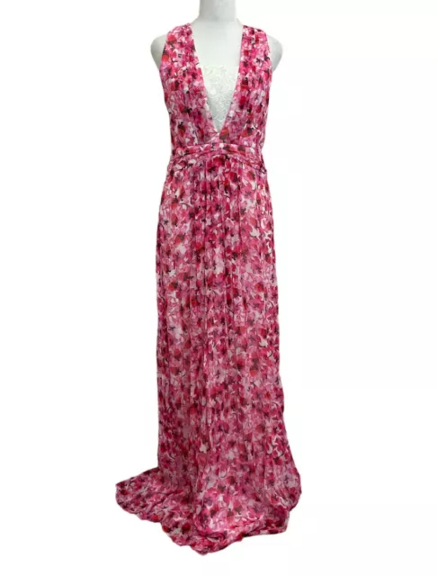 Kay Unger sz 6 Pink Metallic & Silk Floral Maxi Dress Flowy Summer Lined - FLAW