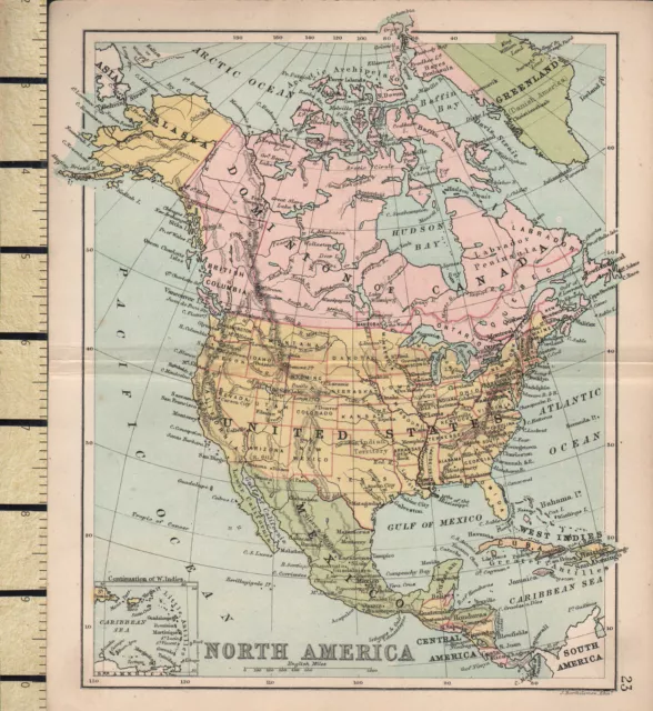 c1880 VICTORIAN MAP ~ NORTH AMERICA ~ WEST INDIES CENTRAL AMERICA