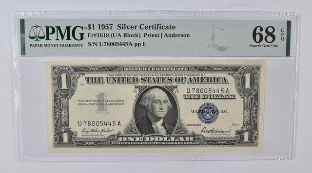 1957 $1 Silver Certificate Fr# 1619 (UA Block) PMG 68 EPQ Superb Gem UNC *2401