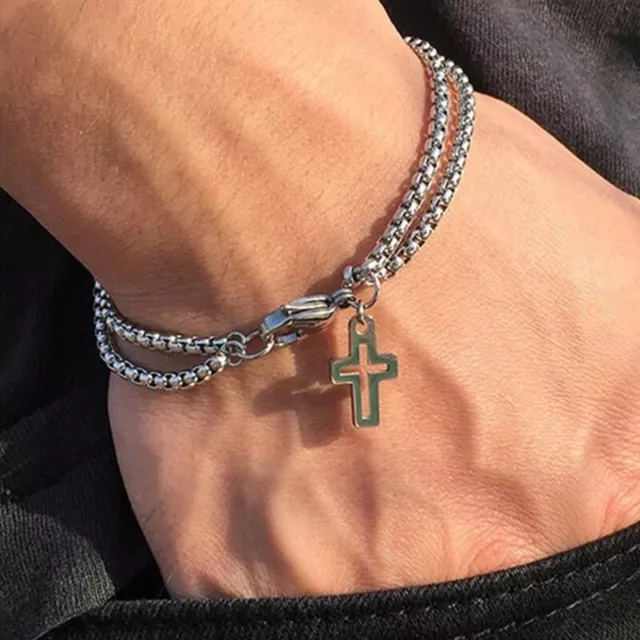 Double Layer Chain Jesus Cross Men Bracelet Stainless Steel Men Fashion Brace#km