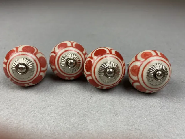 Ceramic Knobs/Pulls Painted Red/White Cabinet Drawers Lot Of 4