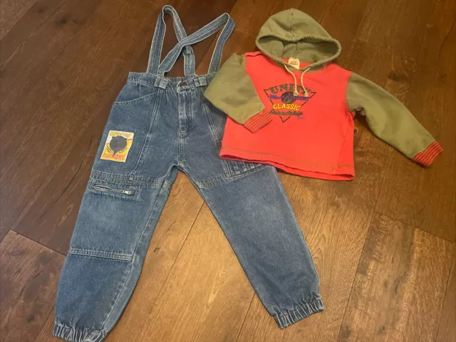 Vintage Boys 4T 5 Little Rebels Denim Jean Overalls Hoodie Set Sweatshirt 90 80s