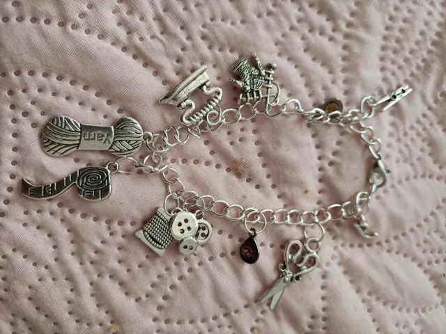 Silver Plated Charm Bracelet, Silver Tone Sewing and Knitting themed Charms,