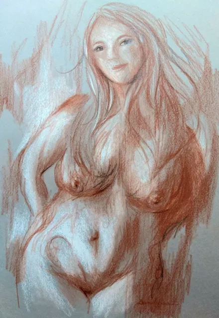 Femme nue seins nus Dessin érotique au crayon sanguine Nu artistique sensuel