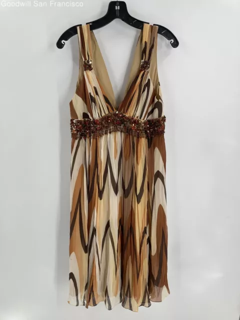 BCBGMAXAZRIA Womens Brown Beige Silk Sequin V-Neck Sleeveless Sheath Dress 6