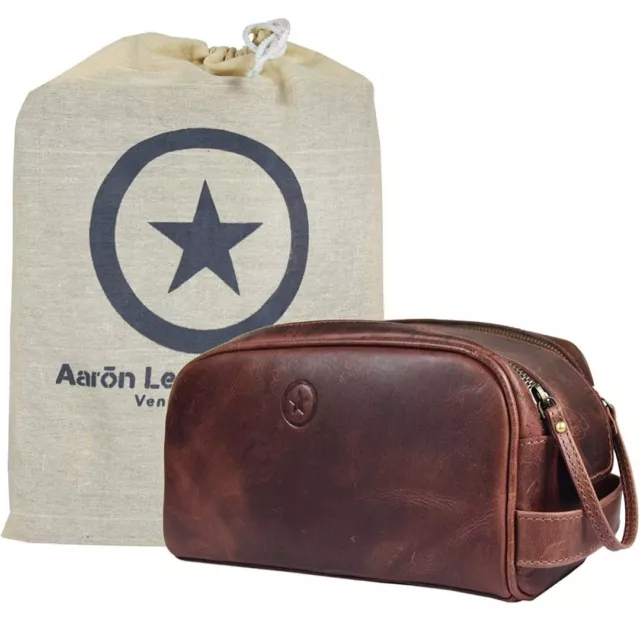 Aaron Leather Goods Leather Toiletry Bag for Men/Women Dark Brown 10 Inch NEW
