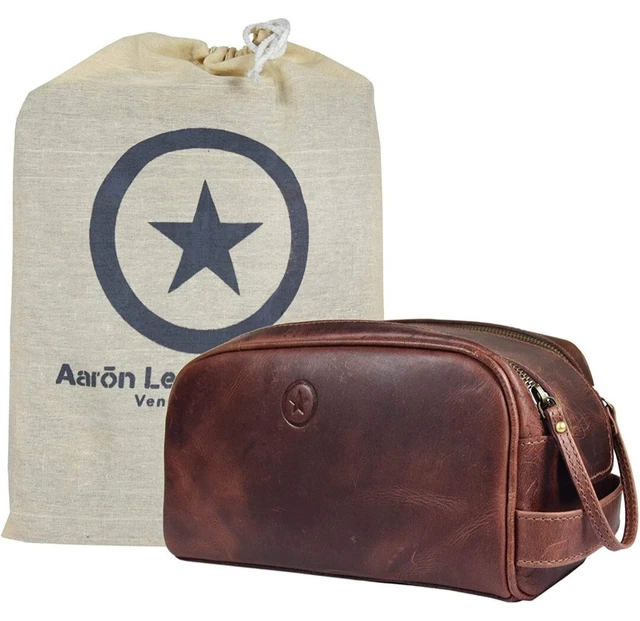 Aaron Leather Goods Leather Toiletry Bag for Men/Women Dark Brown 10 Inch NEW