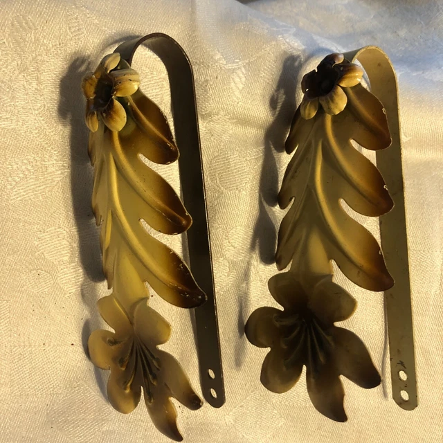Vintage  Drapery Curtain Pull Back Ties  Embossed Metal Yellow Brown Leaf Floral 6