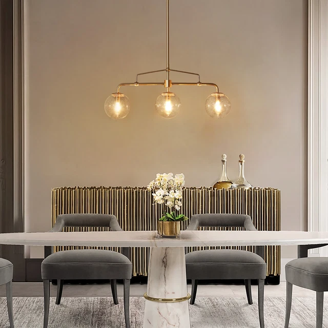 Mid-century Modern Glass Globe Linear Chandelier 3-light Orb Matte Rose Gold L26