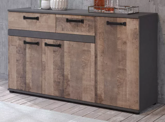 Sideboard Kommode Eiche grau Anrichte 3-türig 2x Schublade 142 cm Möbel Stripe