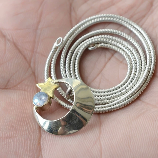 Labradorite Natural Gemstone 925 Sterling Silver Handmade Moon Shape Pendant