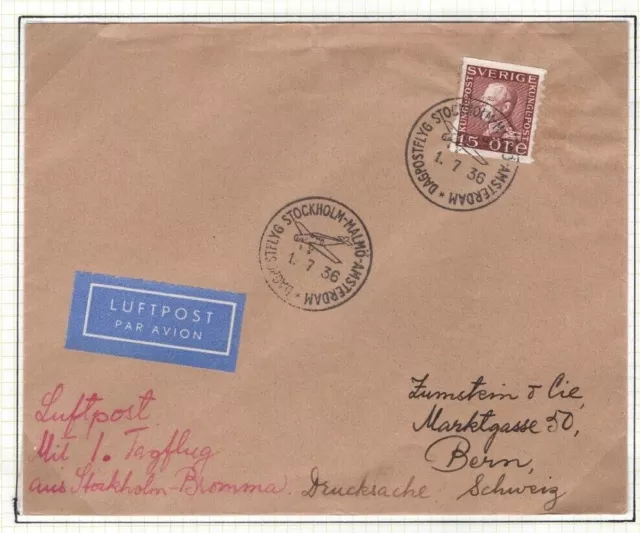 SWEDEN/SWITZERLAND Air Mail FIRST FLIGHT KLM Cover Stockholm Bern 1936 DL285