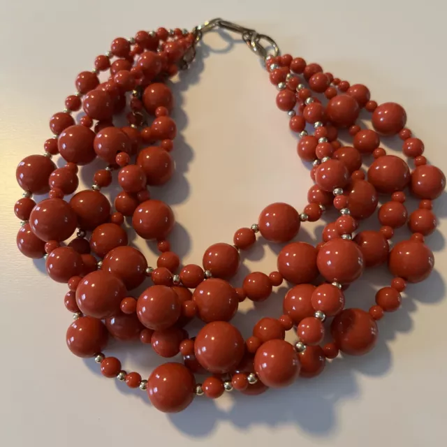 Talbots Multi Strand Necklace Gold Tone & Dark Coral Plastic Beads Choker 14.5”