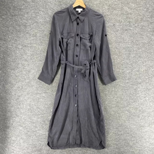 Topshop Dress Women 6 Gray Button Up Collared Long Sleeve Belted Pockets Maxi