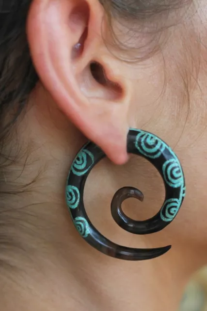 Ear Gauge Spiral Handmade Carved Horn Tribal Stretcher Organic Turquoise Inlay