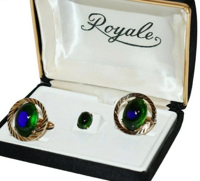 New Old Stock Vintage Royale Peacock Glass Cufflinks & Tie Tack Set