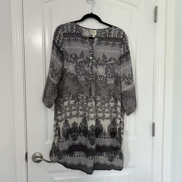 Fig & Flower Black/White Mixed Pattern Lightweight BOHO 3/4Sleeve Summer Dress L