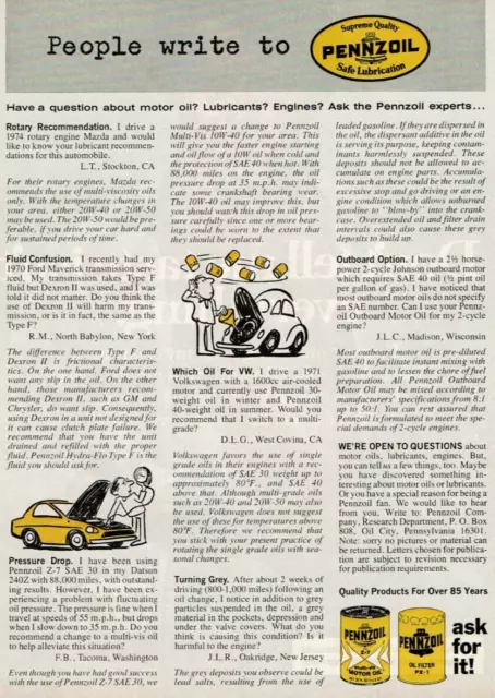 1977 Vintage Print Ad People Write to Pennzoil Motor Oil Ask For It Lubricants