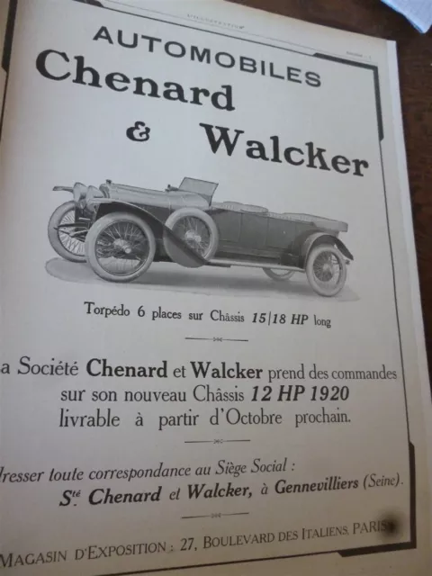 CHENARD & WALCKER voiture 12 HP 104 publicité papier ILLUSTRATION 1919 col