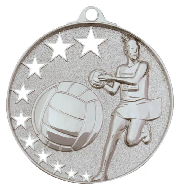 Netball Hollow Stars Medal  Medallion Silver 50mm With Neck Ribbon Engraved FREE