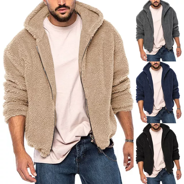 Uomo Spesso Invernale Cappuccio Pile Cardigan Zip Maglione Cappotto Giacca S ^