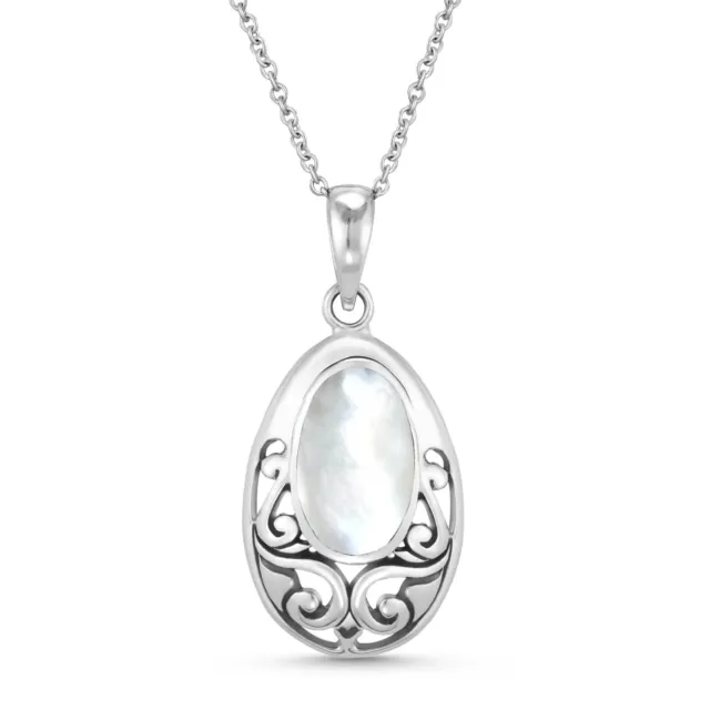 Vintage Filigree in Oval White Pearl Sterling Silver Balinese Pendant Necklace