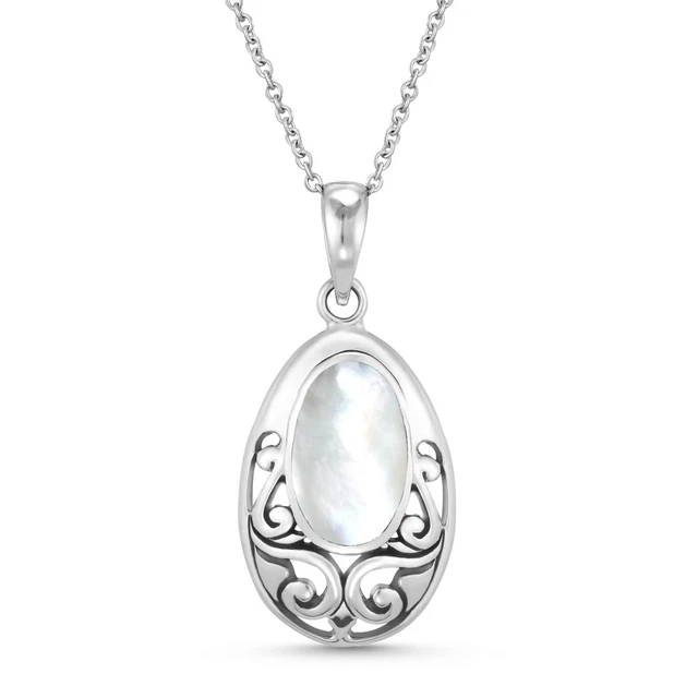 Vintage Filigree in Oval White Pearl Sterling Silver Balinese Pendant Necklace