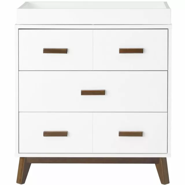 Babyletto Scoot 3-Drawer Changer Dresser with Tray in White/Natural Walnut