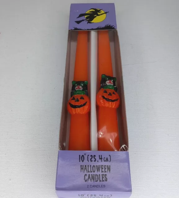 Vtg. Halloween Black Cat & Jack-o'-lantern Pumpkin 10" Orange Tapered Candles