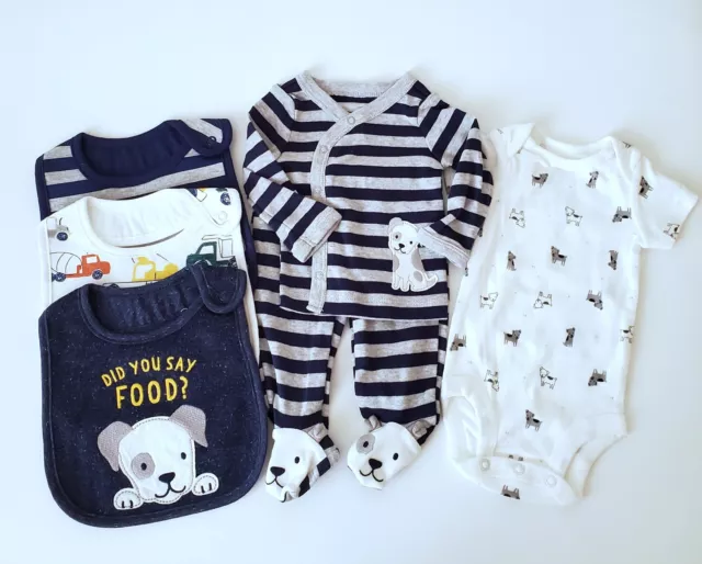 New Baby Boy Clothes  Carters Size 0-3 Months  Outfit  and Bibs Puppy 6pc Twins
