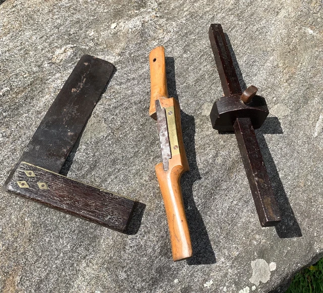 Antique 3pc Lot Rosewood Brass Square Boxwood Spoke Shave & Rosewood Scribe
