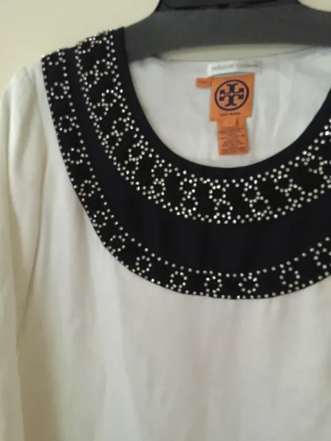 TORY BURCH WHITE Linen Blend Tunic Dress Black Trim Embellished Size 8 ...