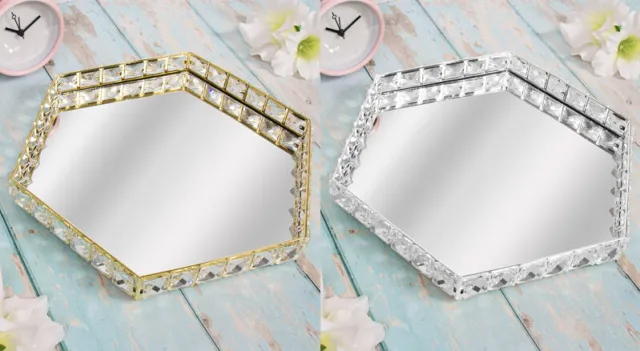 Decorative Tray Candle Holder Mirror Display Hexagon Crystal Diamante Home Decor