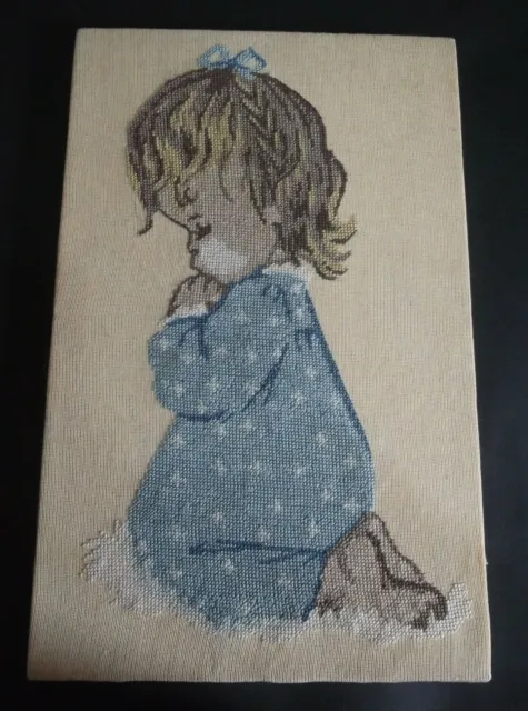 Needlepoint tapestry canvas Girl praying completed Ready to Hang 35 x 21.70 cm !