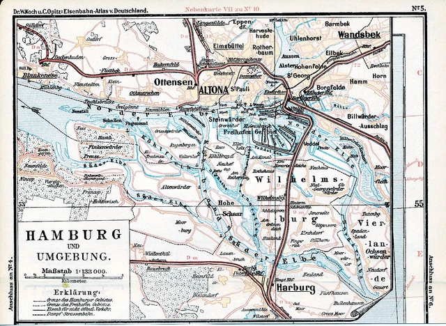 Hamburg Blankenese Harburg 1897 kleine orig. Eisenbahn-Karte Wandsbek Ottensen