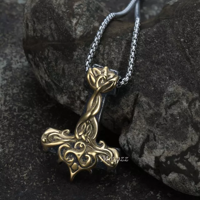 Collar Colgante Mjolnir de Acero Inoxidable Oro Nórdico Vikingo Thors para Hombre