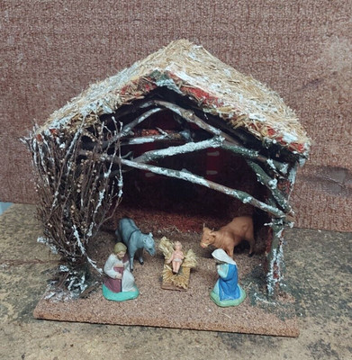 ANCIENNE CRÈCHE NOËL Devineau Papier Moulé et Carton avec Santon Jésus