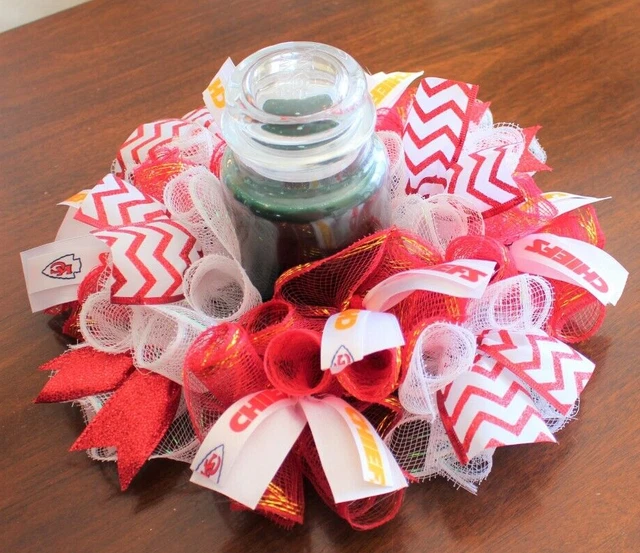 14" Kansas City Chiefs Centerpiece/Candle Ring/Wreath ~ Deco Mesh with Ribbons