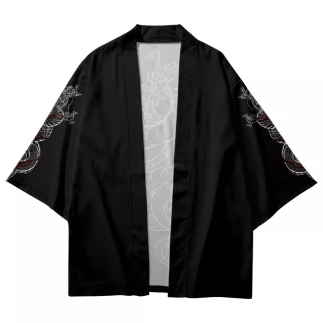 Uomo Larga Giapponese Kimono Cardigan Yukata Dragon 3/4 Maniche Giacca Nuovo