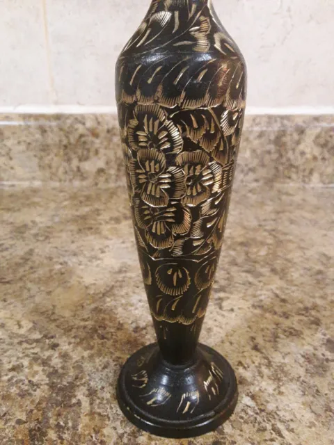 VINTAGE BRASS VASE, Hand Etched Floral Pattern, Made In INDIA. Black/gold 10"