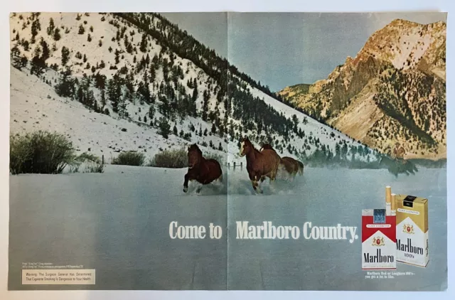 1972 Marlboro Cigarette Horses Snow Mountain Range Vintage PRINT AD