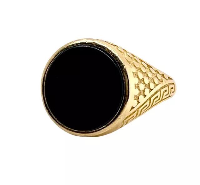 18k Solid Yellow Gold Mens Onyx Pinky Ring Greek Key Design 7.6 Grams Size 9