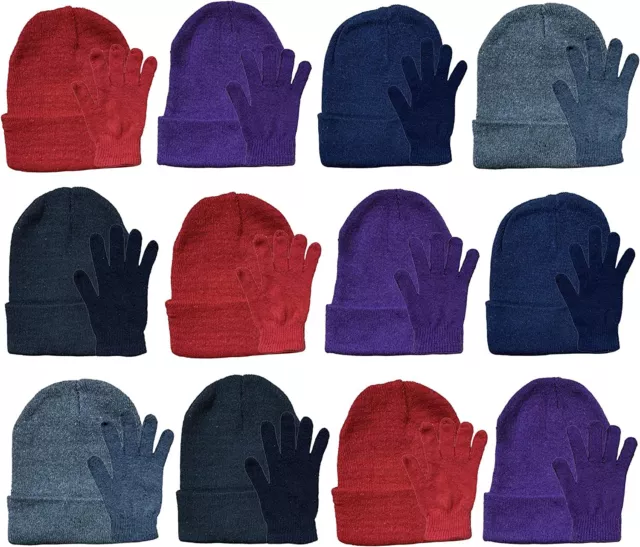 24 Piece Kids Winter Set: 12 Pack Beanie Hats + 12 Pairs Winter Gloves/Mittens